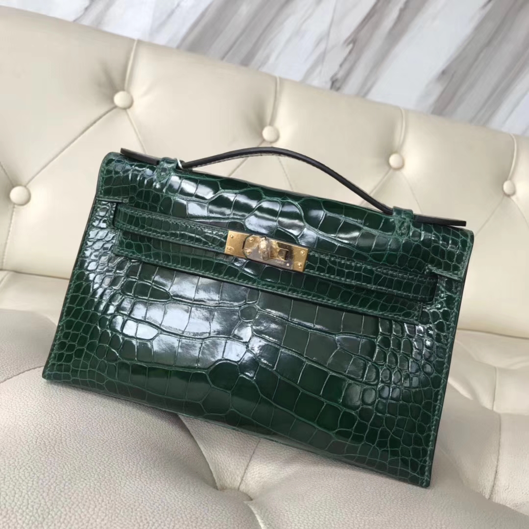 Luxury Hermes CK67 Vert Fonce Shiny Crocodile Minikelly22CM Evening Clutch Bag Gold Hardware