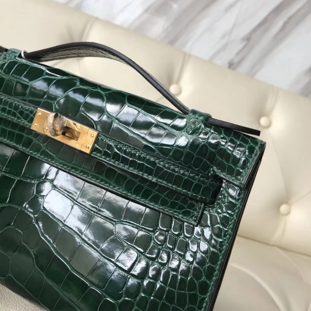 Luxury Hermes CK67 Vert Fonce Shiny Crocodile Minikelly22CM Evening Clutch Bag Gold Hardware