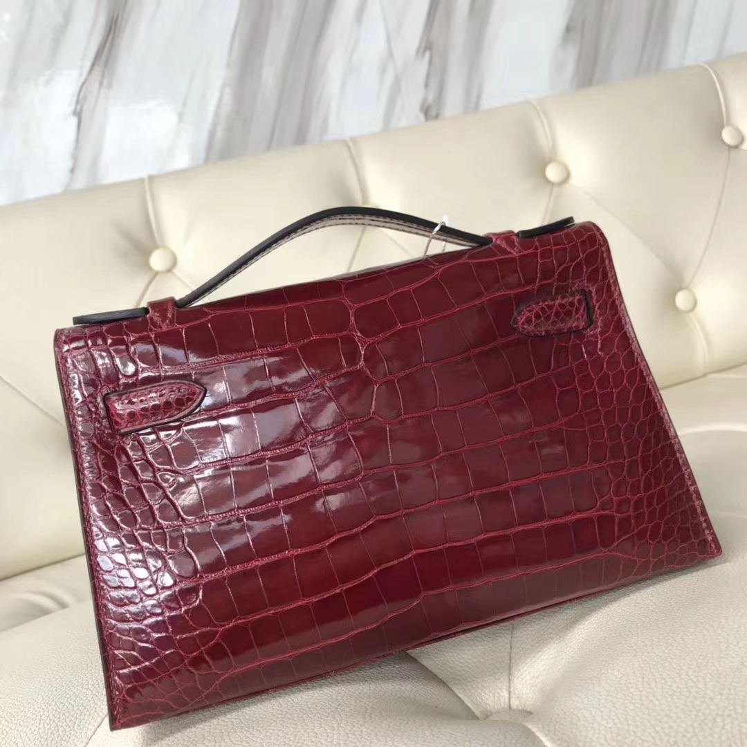 Pretty Hermes F5 Bourgogne Red Alligator Shiny Crocodile Minikelly Evening Bag22CM