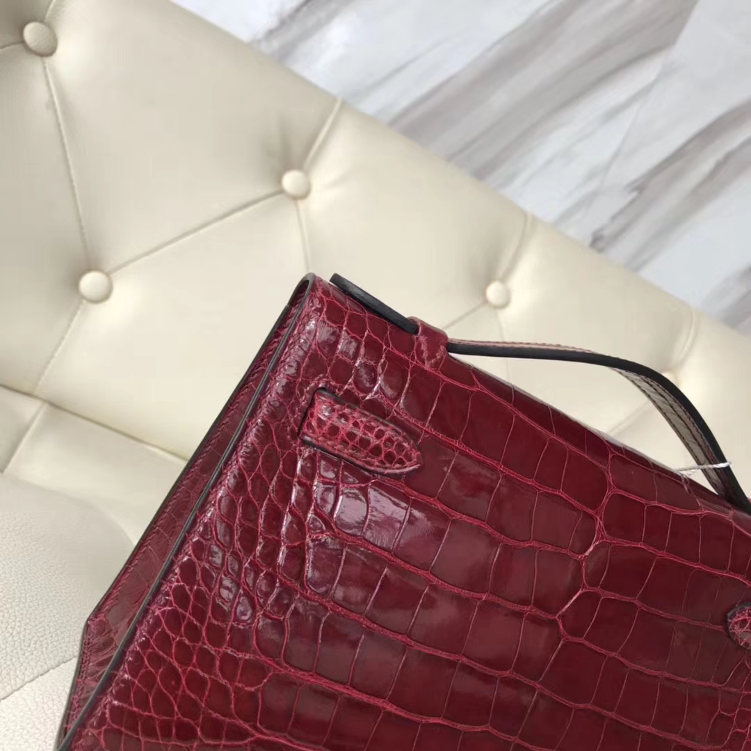 Pretty Hermes F5 Bourgogne Red Alligator Shiny Crocodile Minikelly Evening Bag22CM