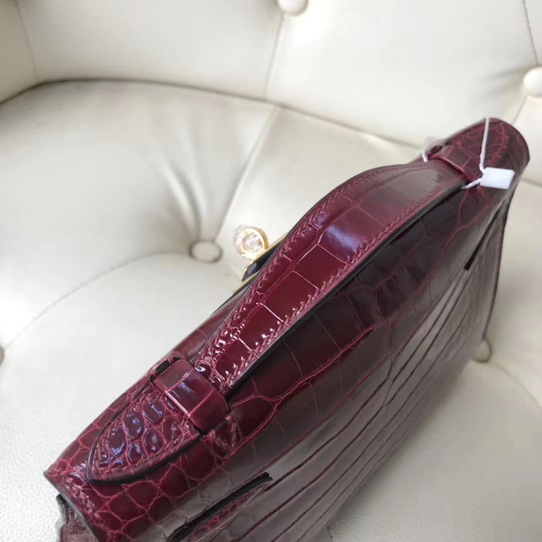 Pretty Hermes F5 Bourgogne Red Alligator Shiny Crocodile Minikelly Evening Bag22CM