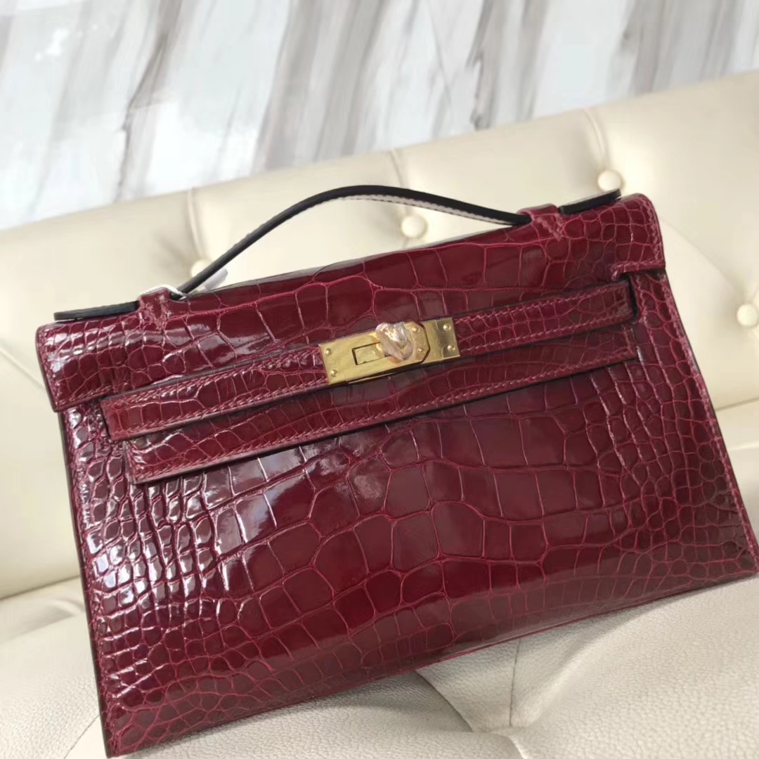 Pretty Hermes F5 Bourgogne Red Alligator Shiny Crocodile Minikelly Evening Bag22CM