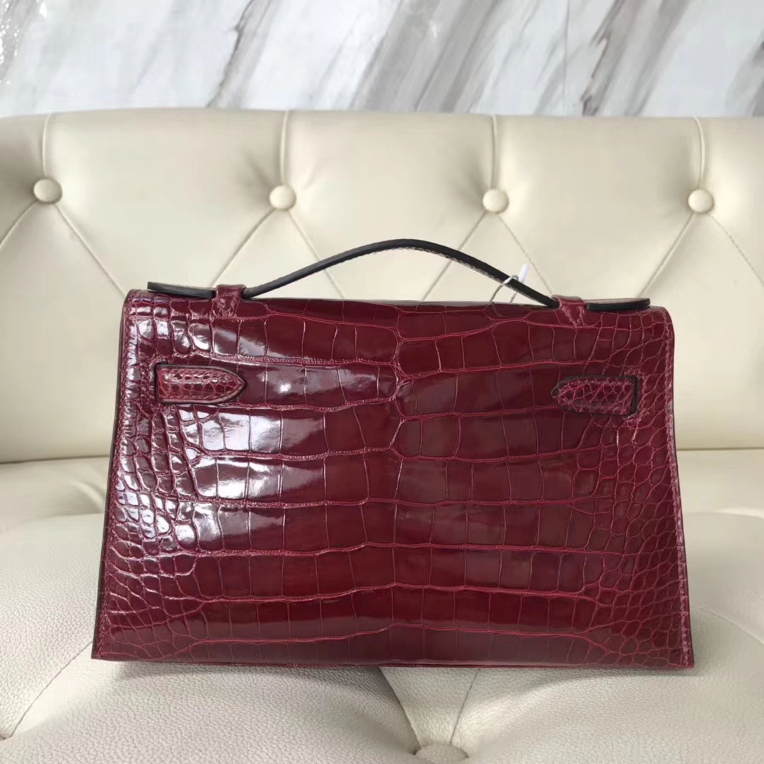 Pretty Hermes F5 Bourgogne Red Alligator Shiny Crocodile Minikelly Evening Bag22CM