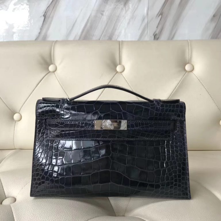 Hermes Shiny Crocodile Leather Minikelly Clutch Bag in 7K Blue Indgo Silver Hardware