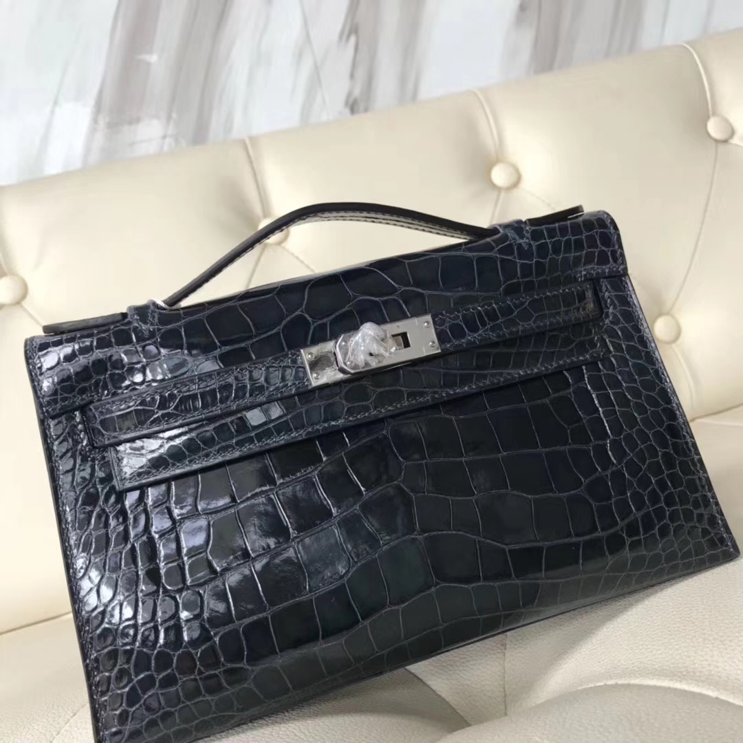 Discount Hermes Shiny Crocodile Leather Minikelly Clutch Bag in 7K Blue Indgo Silver Hardware