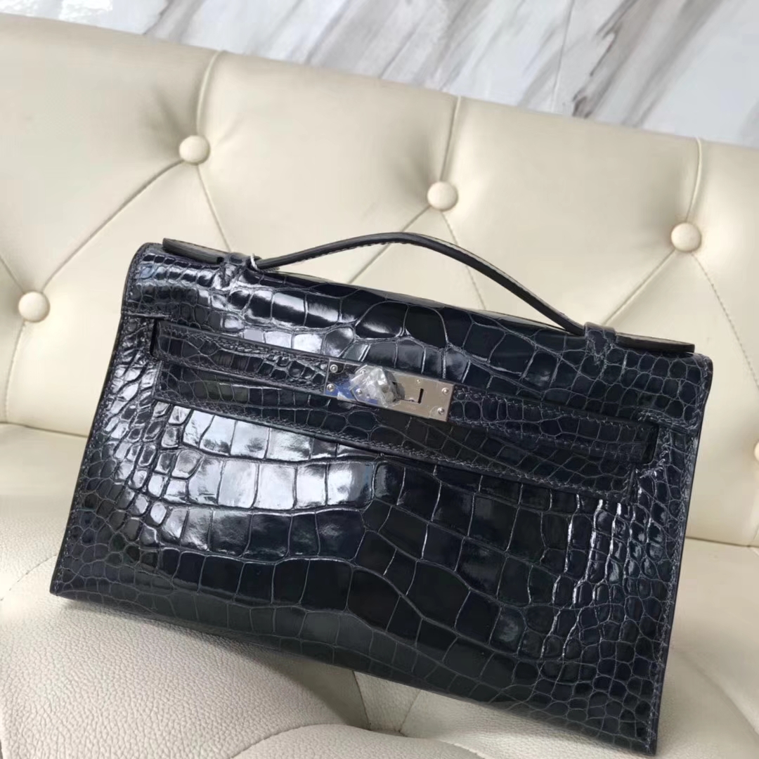 Discount Hermes Shiny Crocodile Leather Minikelly Clutch Bag in 7K Blue Indgo Silver Hardware
