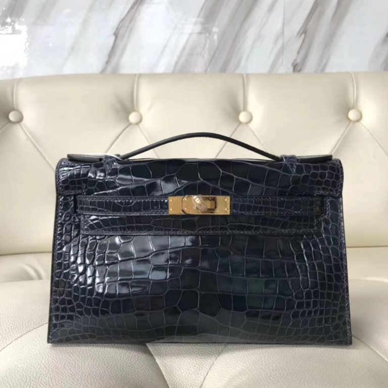 Hermes 7K Blue Indgo Shiny Crocodile Leather Minikelly Evening Bag Gold Hardware