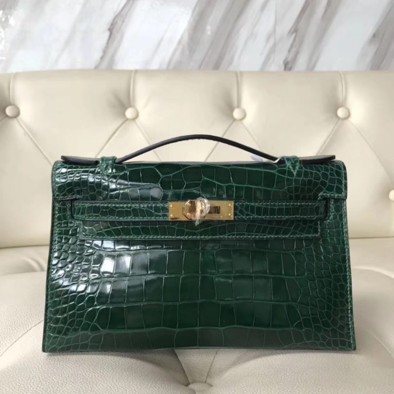 Hermes Shiny Crocodile Minikelly Evening Clutch Bag in CK67 Vert Fonce Gold Hardware