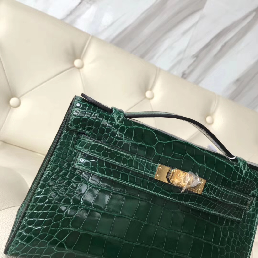 Fashion Hermes Shiny Crocodile Minikelly Evening Clutch Bag in CK67 Vert Fonce Gold Hardware