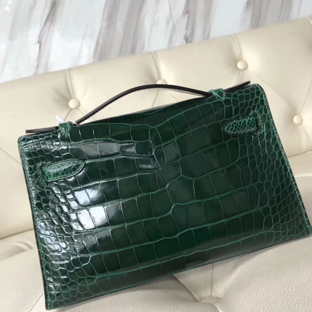 Fashion Hermes Shiny Crocodile Minikelly Evening Clutch Bag in CK67 Vert Fonce Gold Hardware