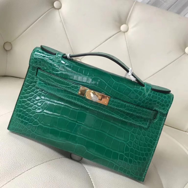 Hermes 6Q Emerald Green Shiny Crocodile Minikelly Clutch Bag Gold Hardware