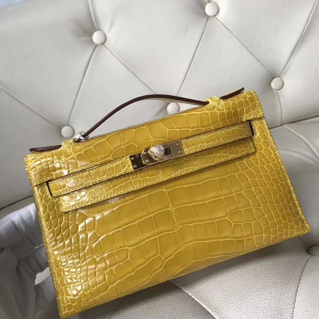 Sale Hermes Alligator Shiny Crocodile Minikelly Evening Bag in 9D Ambre Yellow Gold Hardware