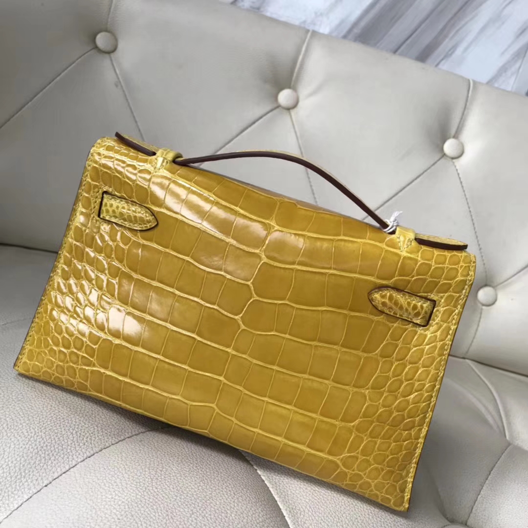 Sale Hermes Alligator Shiny Crocodile Minikelly Evening Bag in 9D Ambre Yellow Gold Hardware