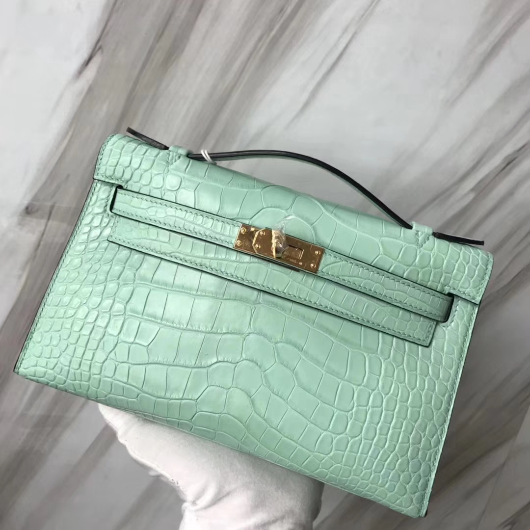 Fashion Hermes Alligator Matt Crocodile Minikelly Clutch Bag in 6U Mint Green Gold Hardware