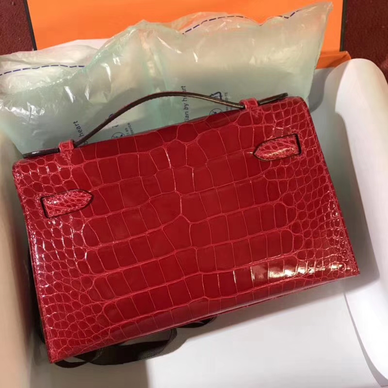 Pretty Hermes CK95 Braise Alligator Shiny Crocodile Minikelly Clutch Bag Gold Hardware