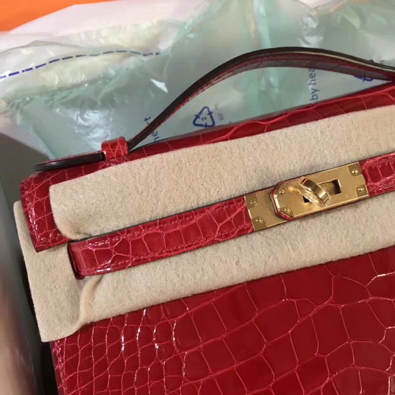 Pretty Hermes CK95 Braise Alligator Shiny Crocodile Minikelly Clutch Bag Gold Hardware