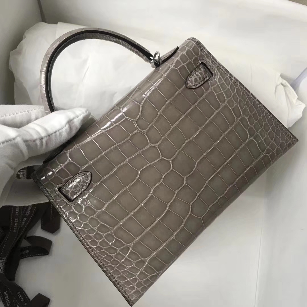Fashion Hermes CK81 Gris Tourterelle Shiny Crocodile Minikelly-2 Clutch Bag Gold Hardware