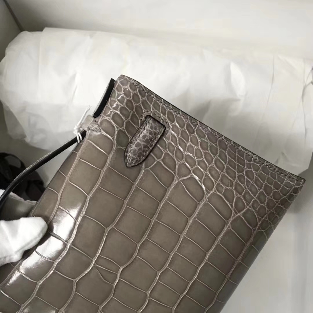 Discount Hermes Shiny Crocodile Minikelly Clutch Bag in CK81 Gris Tourterelle Gold Hardware