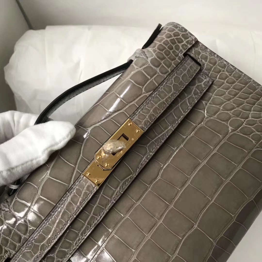 Discount Hermes Shiny Crocodile Minikelly Clutch Bag in CK81 Gris Tourterelle Gold Hardware