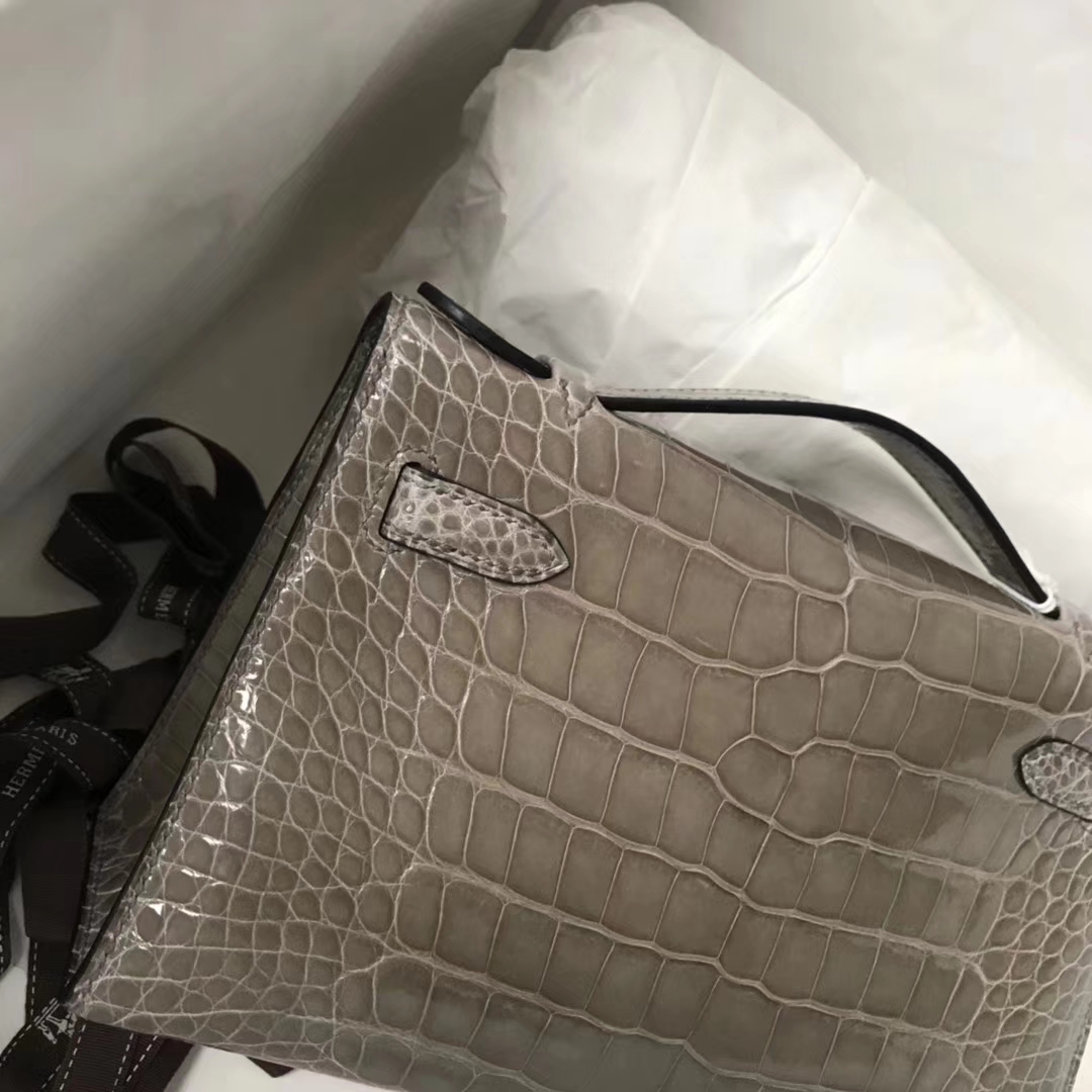 Wholesale Hermes CK81 Gris Tourterelle Shiny Crocodile Minikelly Evening Bag Silver Hardware