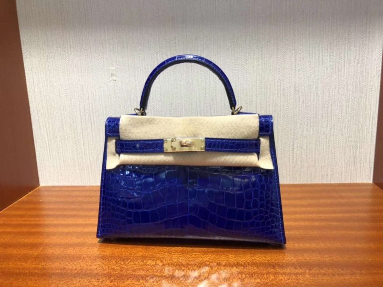Hermes Shiny Crocodile Minikelly-2 Evening Bag in 7T Blue Electric Gold Hardware