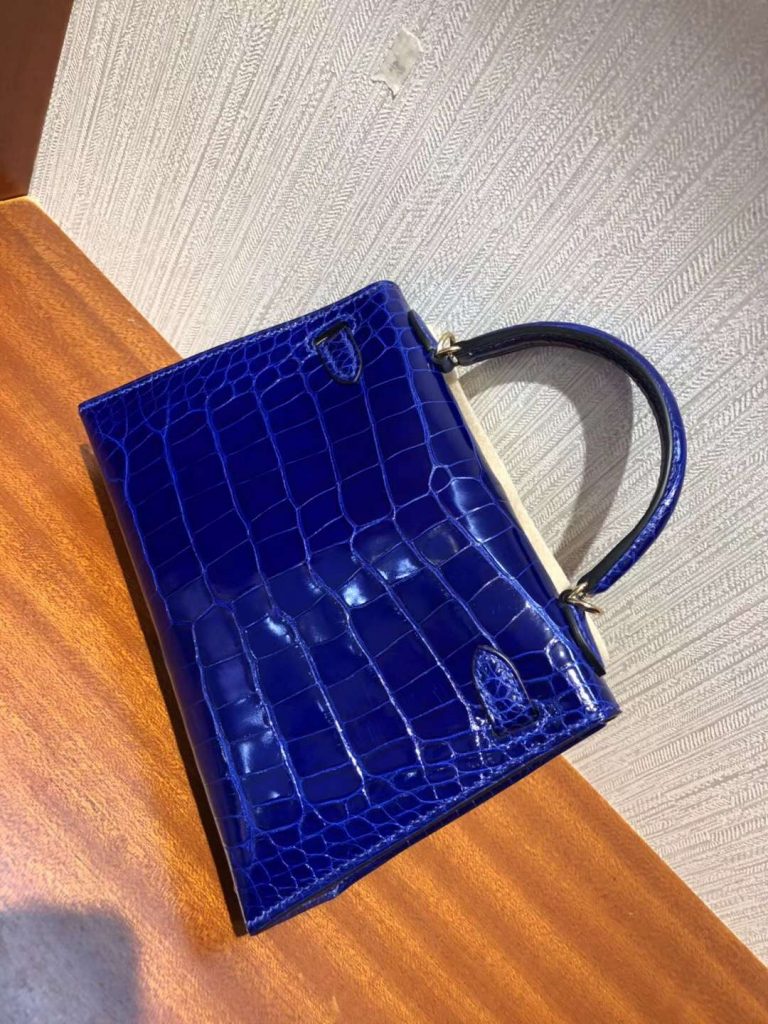 Luxury Hermes Shiny Crocodile Minikelly-2 Evening Bag in 7T Blue Electric Gold Hardware