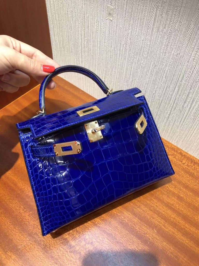 Luxury Hermes Shiny Crocodile Minikelly-2 Evening Bag in 7T Blue Electric Gold Hardware