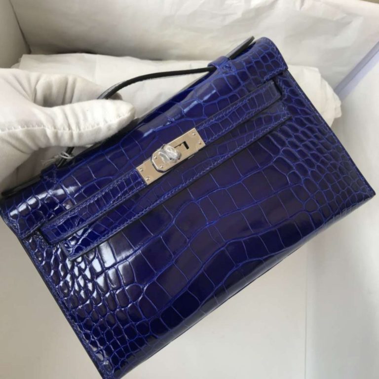 Hermes Alligator Crocodile Minikelly Clutch Bag in 7T Blue Electric Silver Hardware