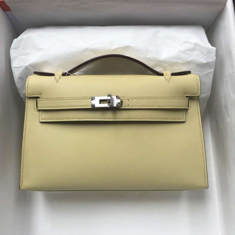 Hermes 1Z Jaune Poussin Swift Calf Minikelly Clutch Bag Silver Hardware
