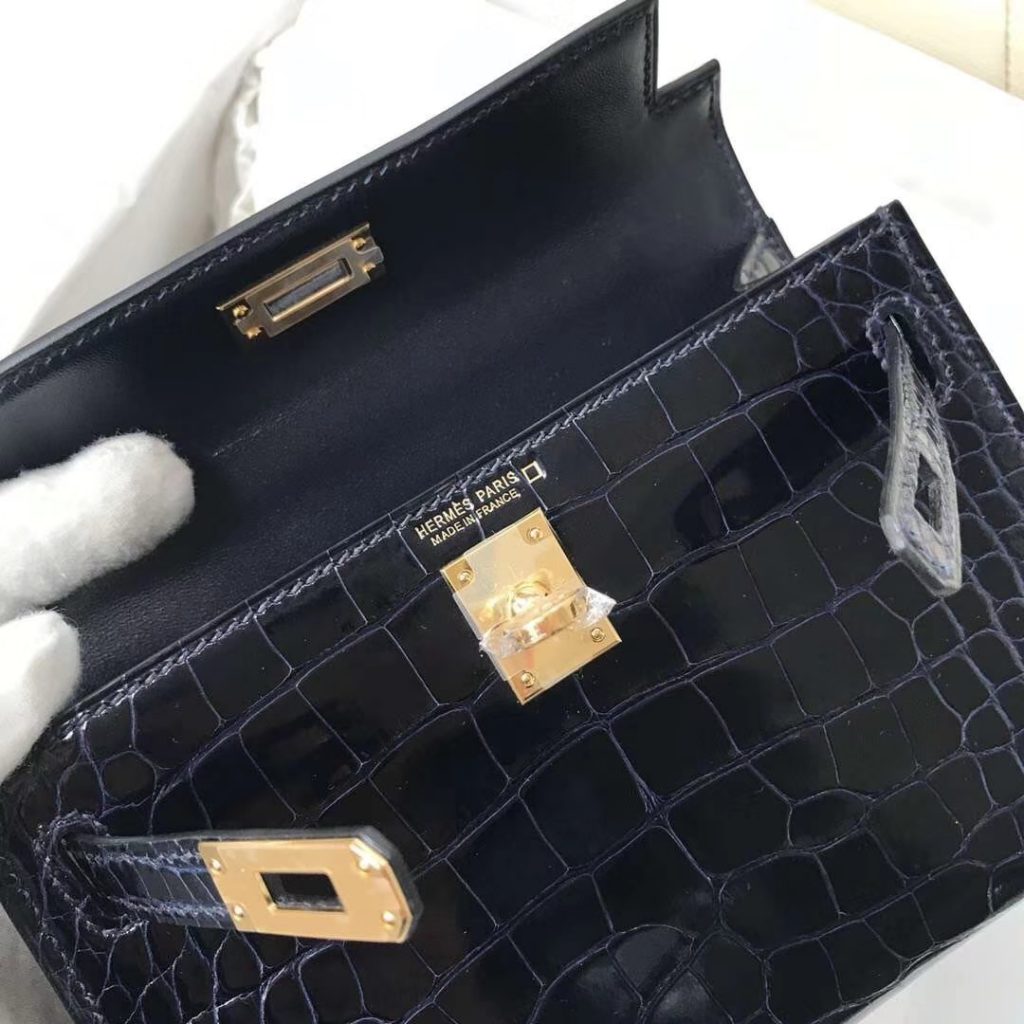 Elegant Hermes Shiny Crocodile Minikelly-2 Evening Bag in 7K Blue Saphir Gold Hardware