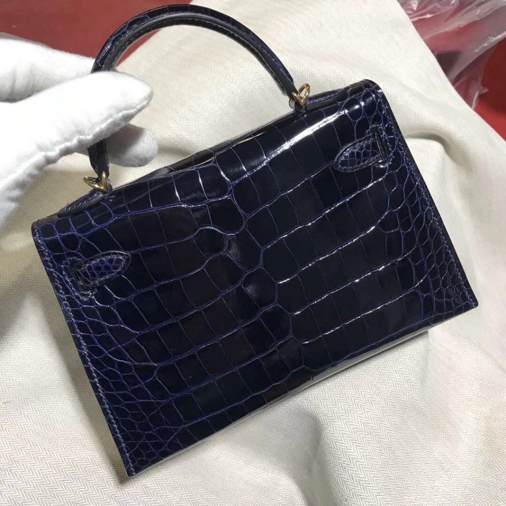 Elegant Hermes Shiny Crocodile Minikelly-2 Evening Bag in 7K Blue Saphir Gold Hardware