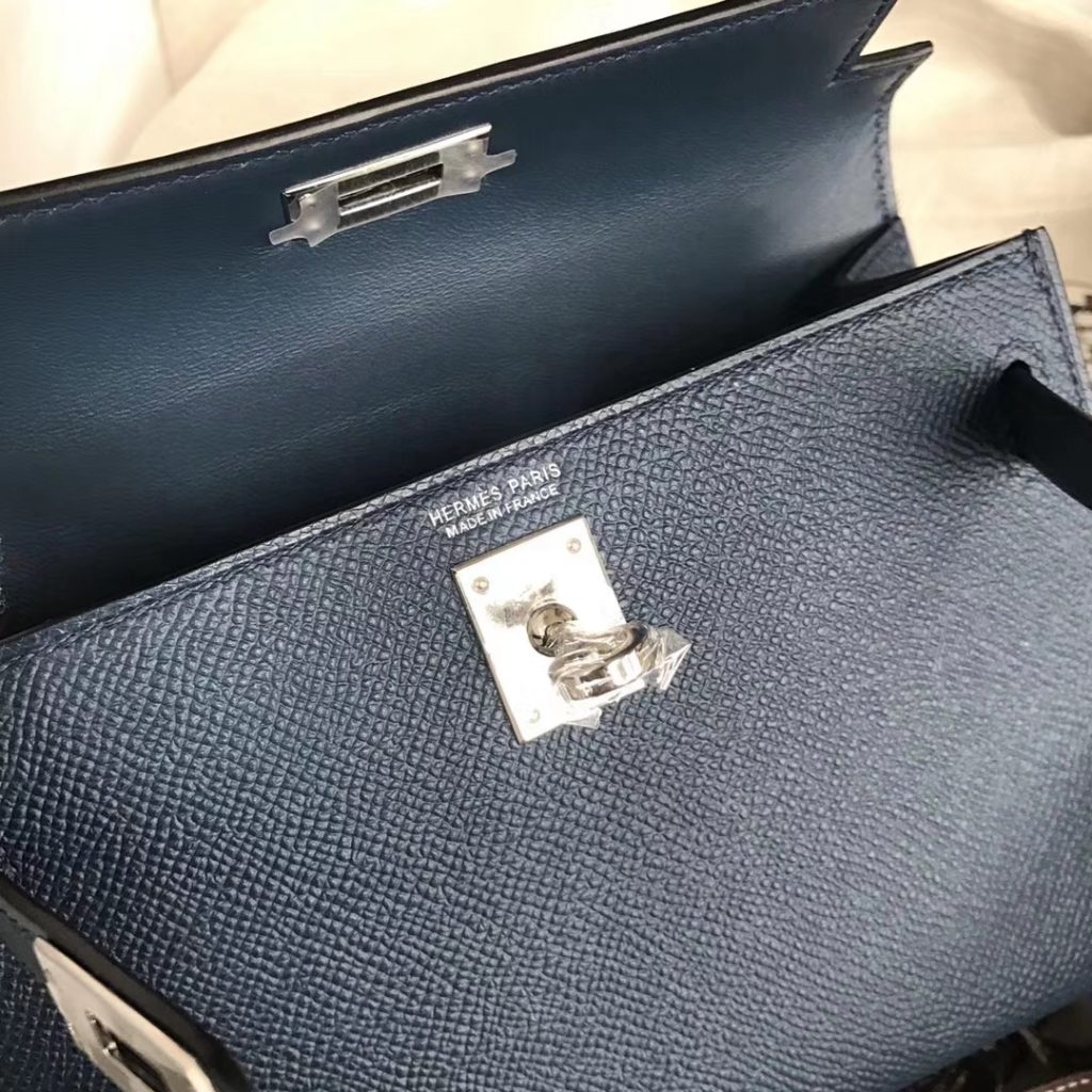 Discount Hermes 1P Blue Colvert Epsom Calf Minikelly-2 Clutch Bag Silver Hardware