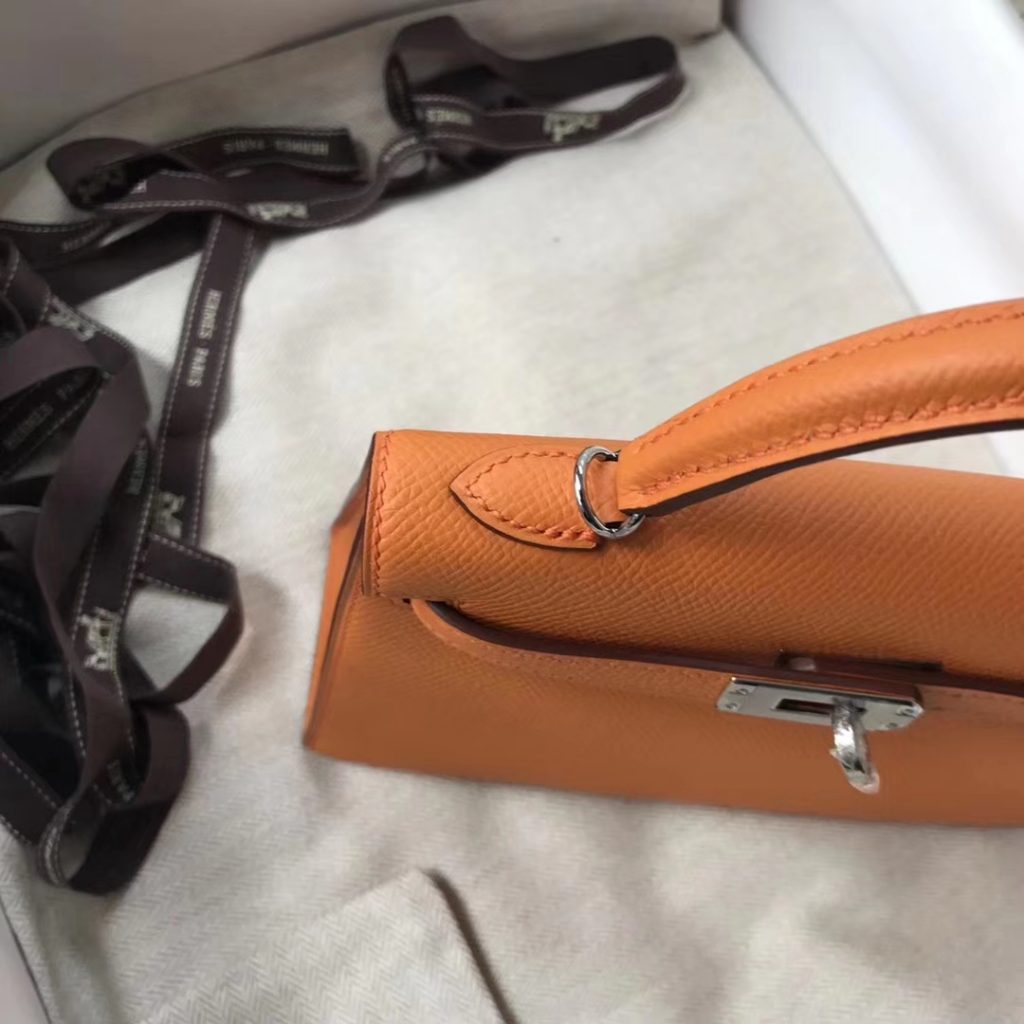 Fashion Hermes 93 Orange Epsom Calf Leather Minikelly-2 Evening Bag Silver Hardware