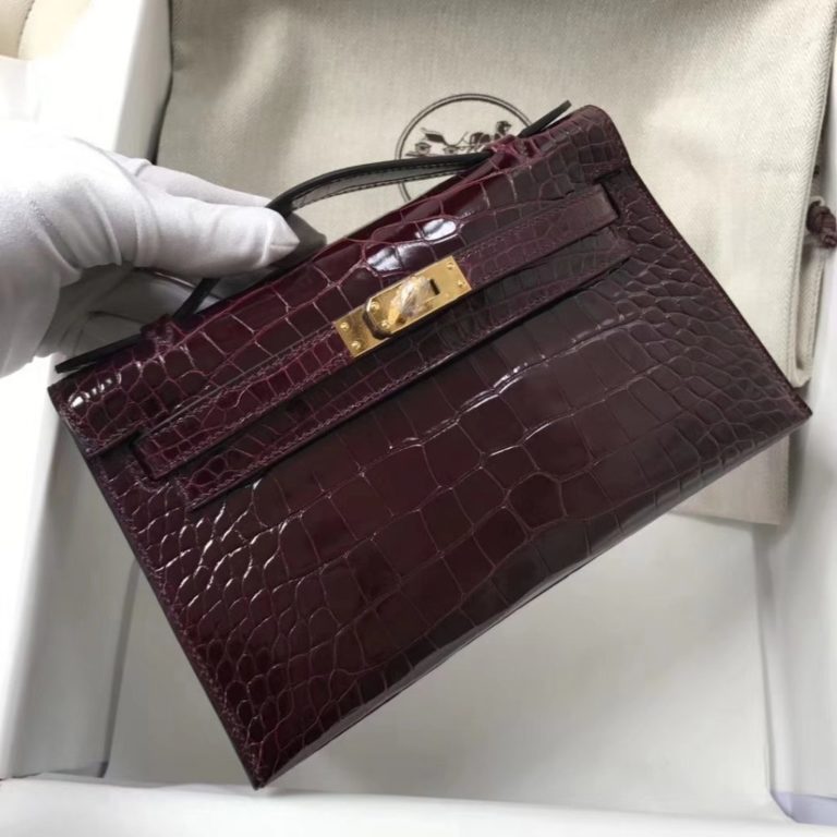 Hermes CK57 Bordeaux Red Shiny Crocodile Leather Minikelly 22CM Clutch Bag Gold Hardware