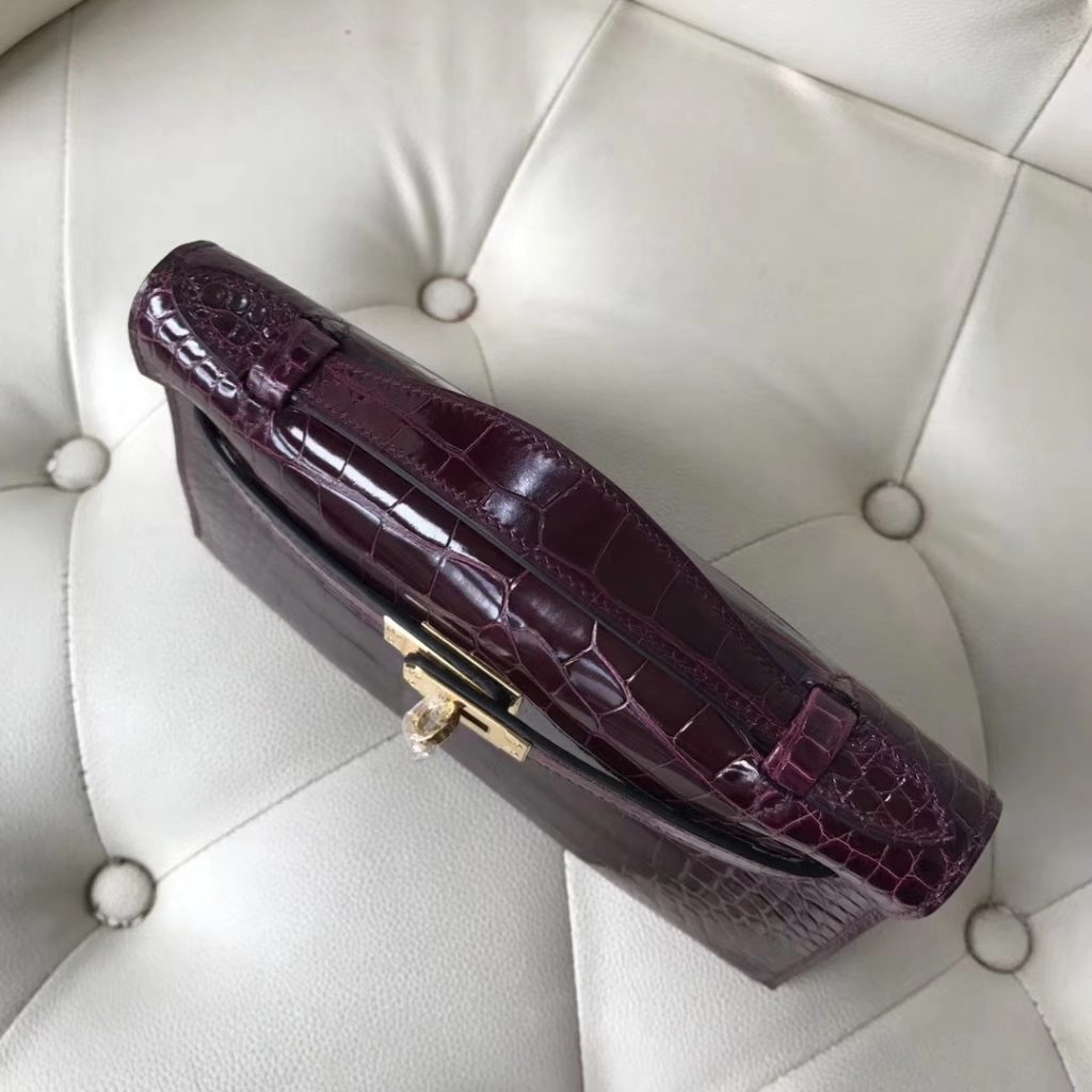 Luxury Hermes CK57 Bordeaux Red Shiny Crocodile Leather Minikelly22CM Clutch Bag Gold Hardware