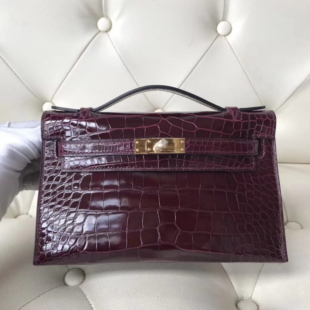Luxury Hermes CK57 Bordeaux Red Shiny Crocodile Leather Minikelly22CM Clutch Bag Gold Hardware