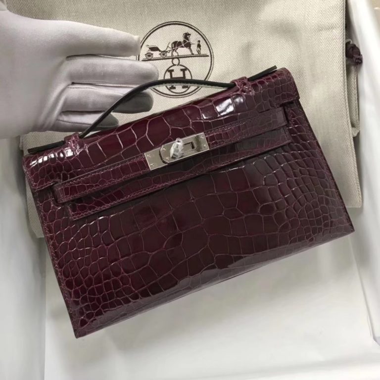 Hermes Shiny Crocodile Minikelly Evening Bag in CK57 Bordeaux Red Silver Hardware