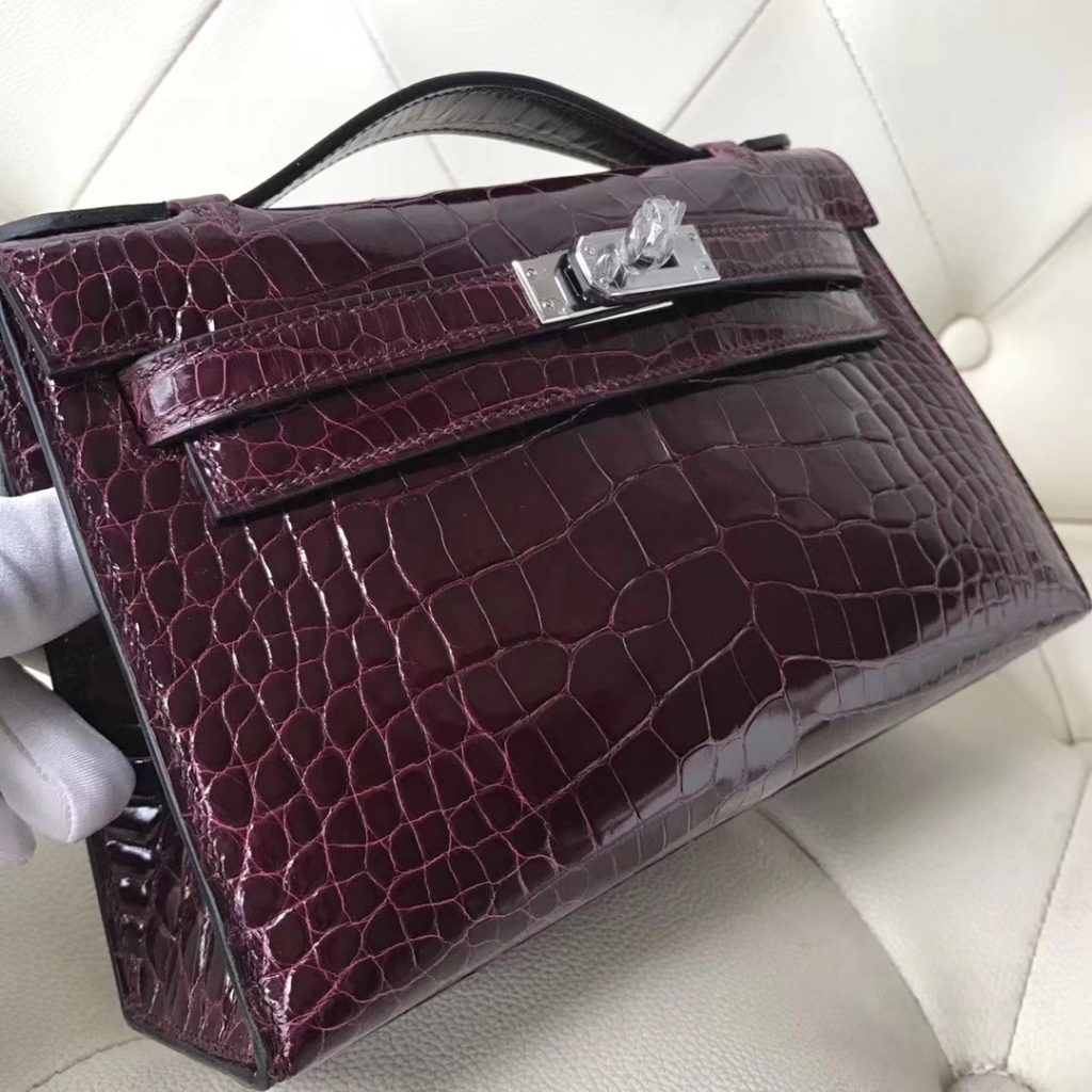 Wholesale Hermes Shiny Crocodile Minikelly Evening Bag in CK57 Bordeaux Red Silver Hardware