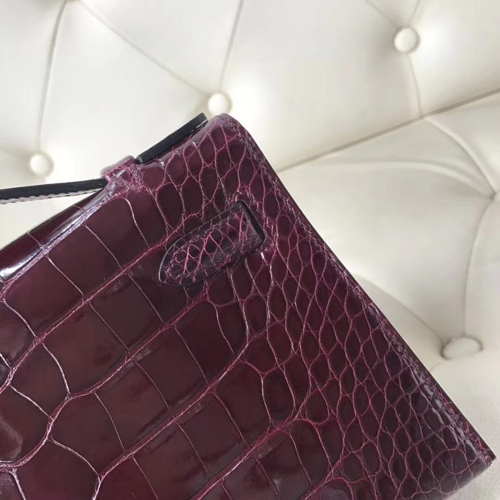 Wholesale Hermes Shiny Crocodile Minikelly Evening Bag in CK57 Bordeaux Red Silver Hardware