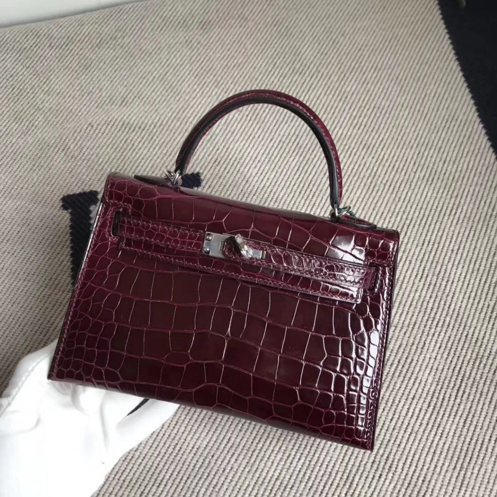 Luxury Hermes CK57 Bordeaux Red Alligator Shiny Crocodile Minikelly-2 Clutch Bag Silver Hardware