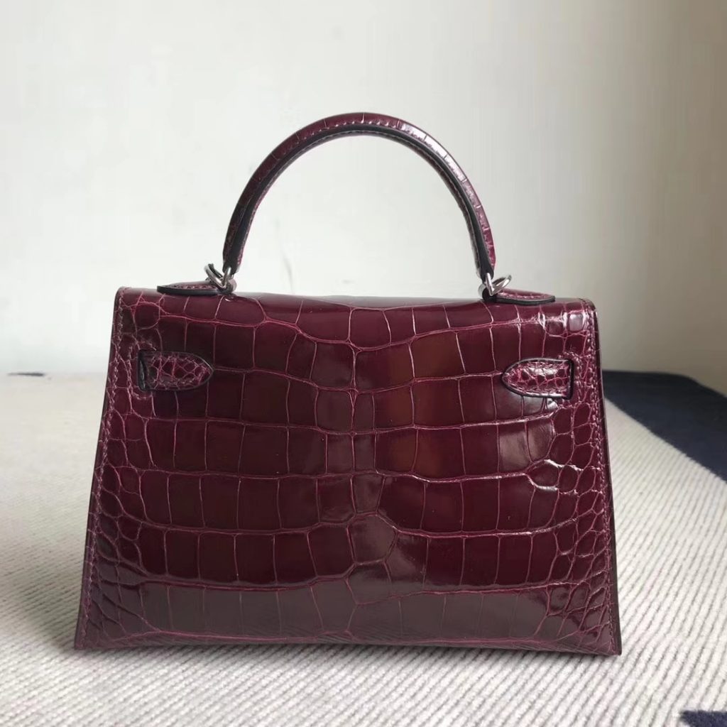 Luxury Hermes CK57 Bordeaux Red Alligator Shiny Crocodile Minikelly-2 Clutch Bag Silver Hardware