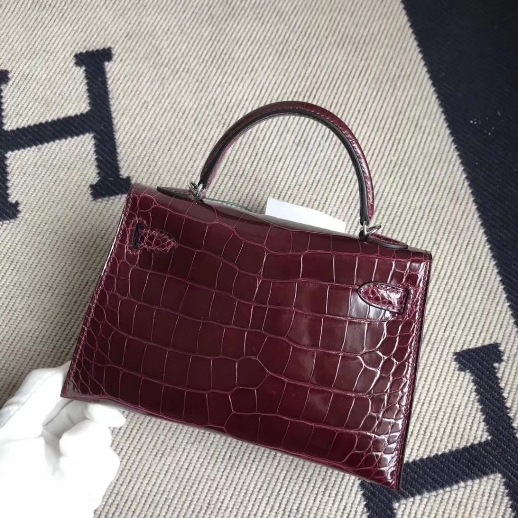 Luxury Hermes CK57 Bordeaux Red Alligator Shiny Crocodile Minikelly-2 Clutch Bag Silver Hardware