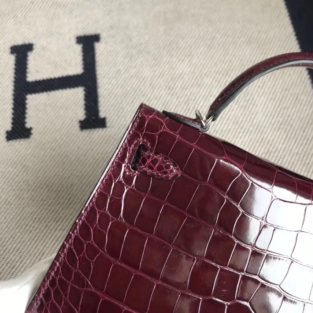Luxury Hermes CK57 Bordeaux Red Alligator Shiny Crocodile Minikelly-2 Clutch Bag Silver Hardware