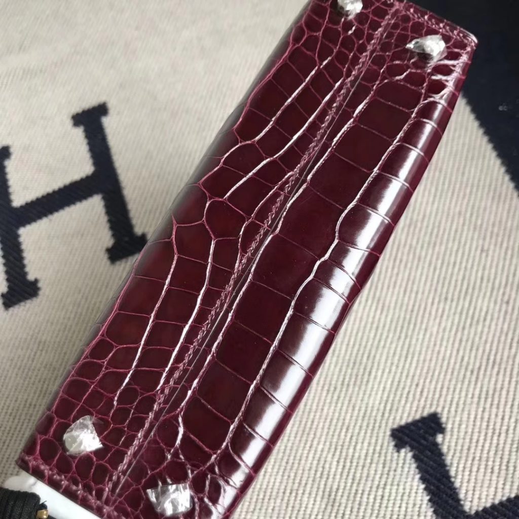 Luxury Hermes CK57 Bordeaux Red Alligator Shiny Crocodile Minikelly-2 Clutch Bag Silver Hardware