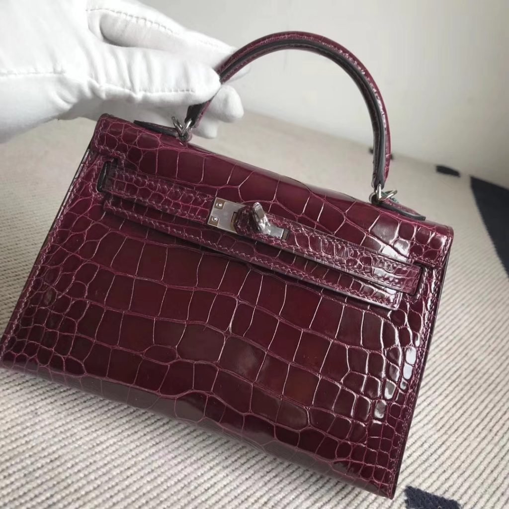 Luxury Hermes CK57 Bordeaux Red Alligator Shiny Crocodile Minikelly-2 Clutch Bag Silver Hardware