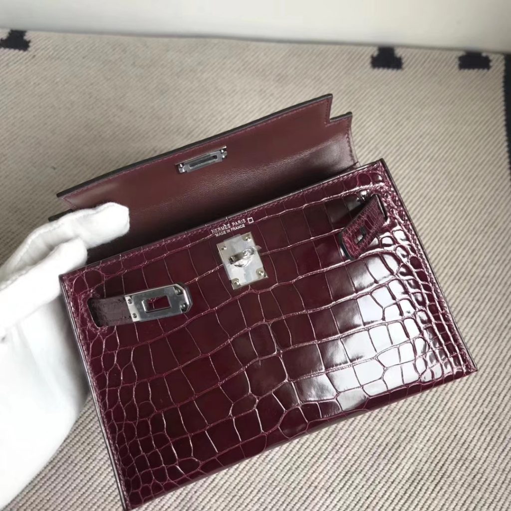 Luxury Hermes CK57 Bordeaux Red Alligator Shiny Crocodile Minikelly-2 Clutch Bag Silver Hardware