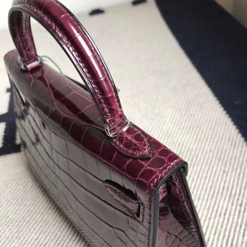 Luxury Hermes CK57 Bordeaux Red Alligator Shiny Crocodile Minikelly-2 Clutch Bag Silver Hardware