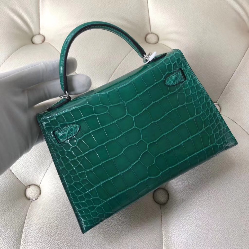Sale Hermes 6Q Emerald Green Alligator Shiny Crocodile Minikelly-2 Clutch Bag Silver Hardware