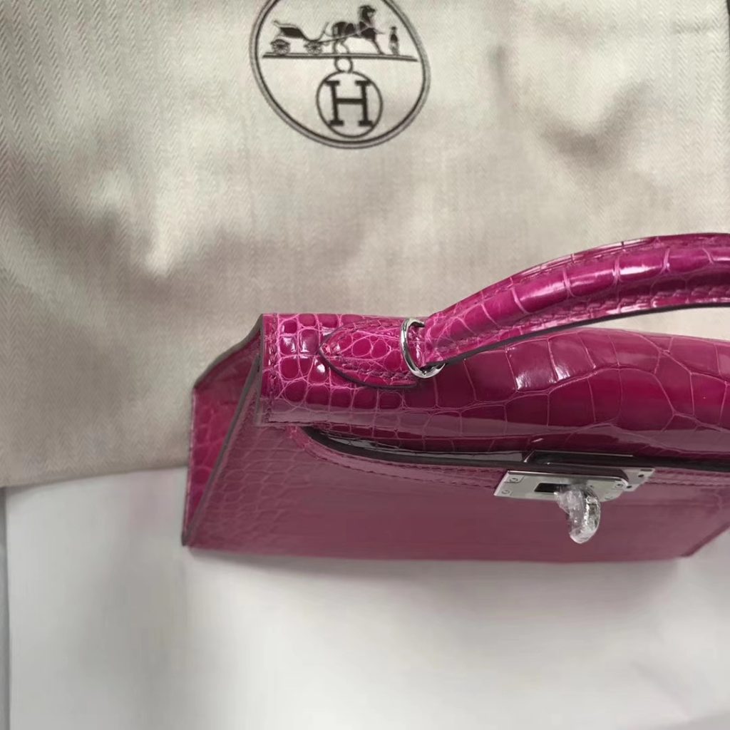 Hermes Shiny Crocodile Minikelly-2 Clutch Bag in J5 Rose Scheherazade Silver Hardware