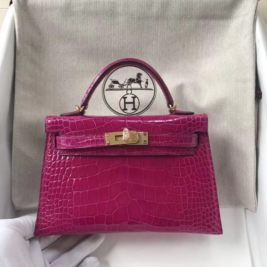 Luxury Hermes J5 Rose Scheherazade Shiny Crocodile Minikelly-2 Evening Bag Gold Hardware